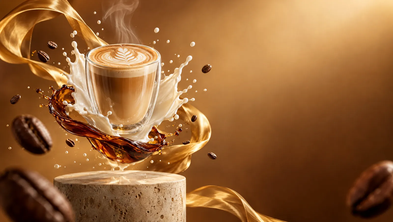 A glass of latte in a swirl of milk and coffee, floating above a stone pedestal